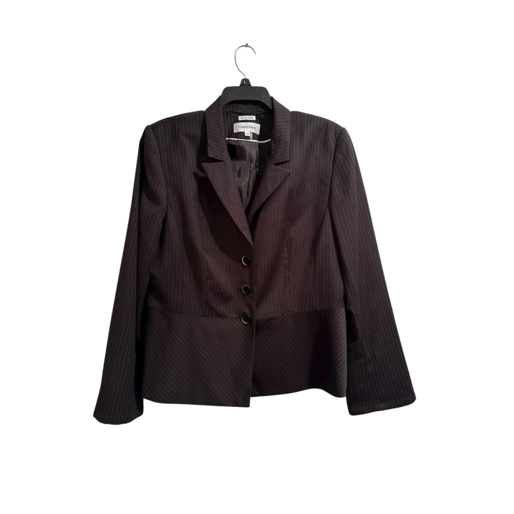 Calvin Klein Stretch Pinstripe Tailored Blazer Jacket Women 14 Black Career NWOT